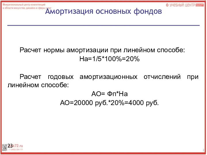 Расчет нормы амортизации при линейном способе: На=1/5*100%=20% Расчет годовых амортизационных