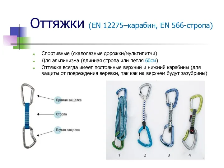 Оттяжки (EN 12275–карабин, EN 566-стропа) Спортивные (скалолазные дорожки/мультипитчи) Для альпинизма