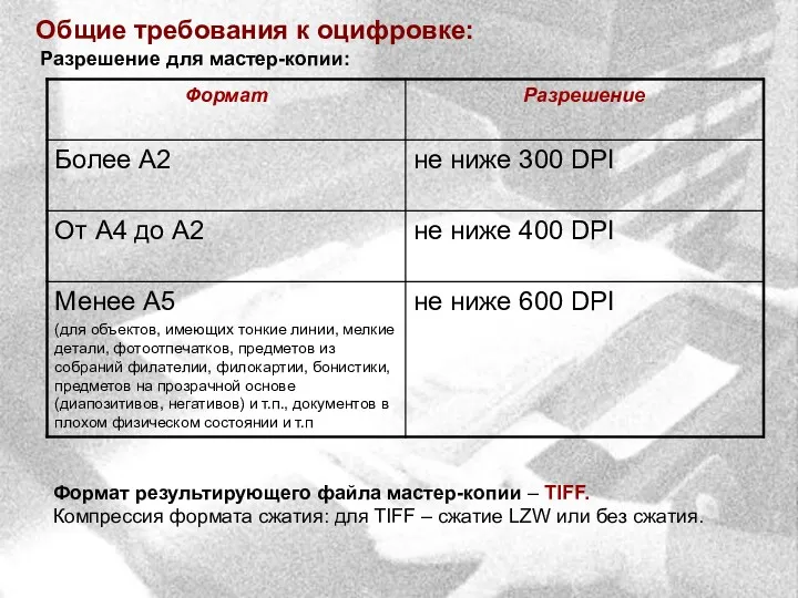 Общие требования к оцифровке: Разрешение для мастер-копии: Формат результирующего файла