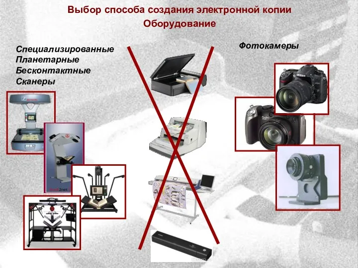 Выбор способа создания электронной копии Оборудование Специализированные Планетарные Бесконтактные Сканеры Фотокамеры