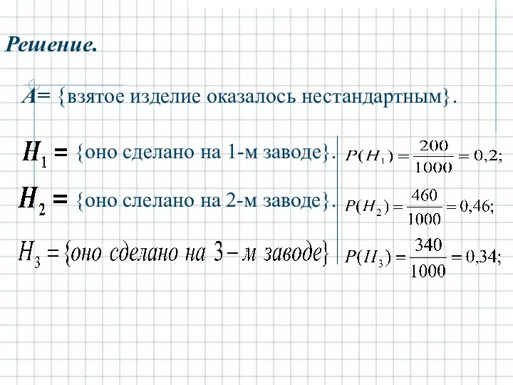 Решение. А= {взятое изделие оказалось нестандартным}. {оно сделано на 1-м заводе}. {оно слелано на 2-м заводе}.