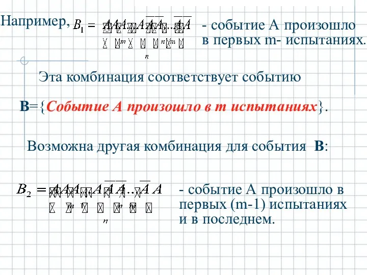 Например, Эта комбинация соответствует событию В={Cобытие А произошло в m испытаниях}. Возможна другая