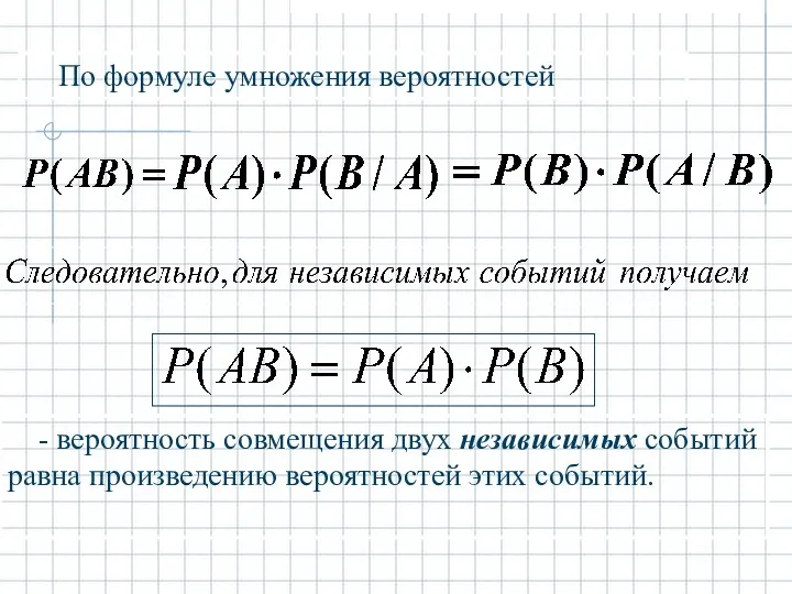 По формуле умножения вероятностей - вероятность совмещения двух независимых событий равна произведению вероятностей этих событий.