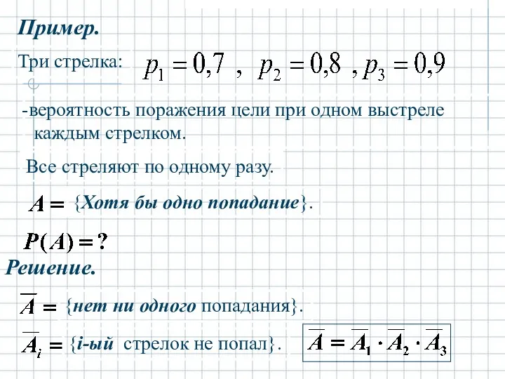 Пример. Три стрелка: вероятность поражения цели при одном выстреле каждым