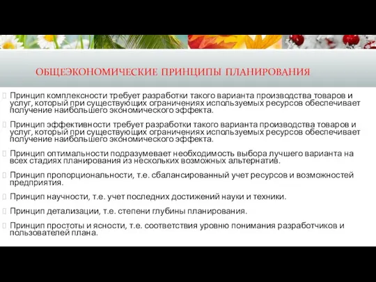 общеэкономические принципы планирования Принцип комплексности требует разработки такого варианта производства