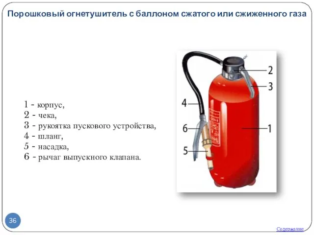 Порошковый огнетушитель с баллоном сжатого или сжиженного газа Содержание 1 - корпус, 2