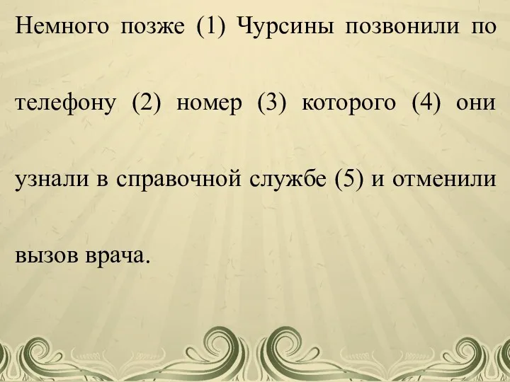 Немного позже (1) Чурсины позвонили по телефону (2) номер (3)