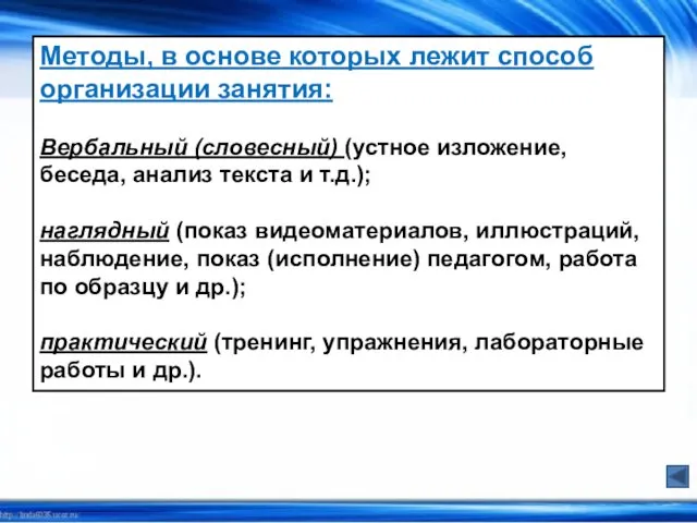 Методы, в основе которых лежит способ организации занятия: Вербальный (словесный)