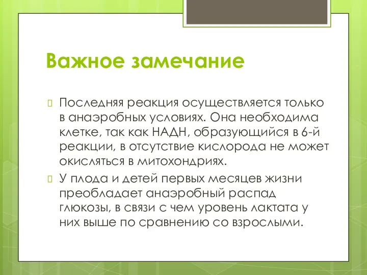 Важное замечание Последняя реакция осуществляется только в анаэробных условиях. Она