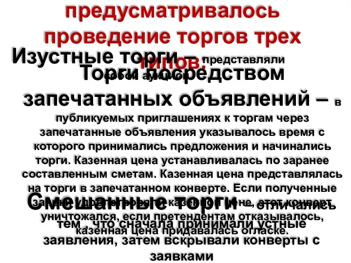 Положением предусматривалось проведение торгов трех типов: Изустные торги – представляли