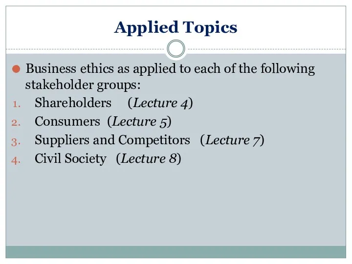 Applied Topics Business ethics as applied to each of the following stakeholder groups: