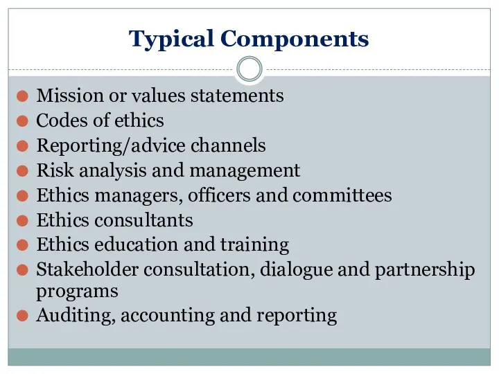 Typical Components Mission or values statements Codes of ethics Reporting/advice channels Risk analysis