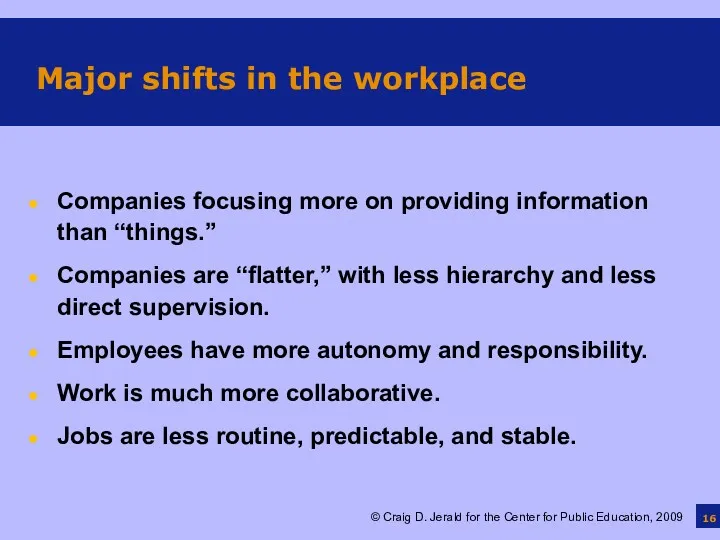 Major shifts in the workplace Companies focusing more on providing