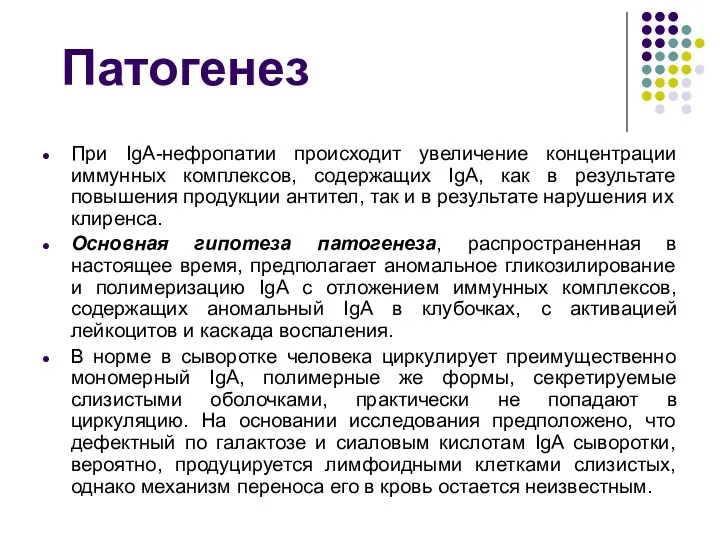 Патогенез При IgA-нефропатии происходит увеличение концентрации иммунных комплексов, содержащих IgA,