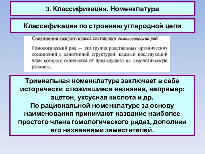 3. Классификация. Номенклатура Классификация по строению углеродной цепи Тривиальная номенклатура