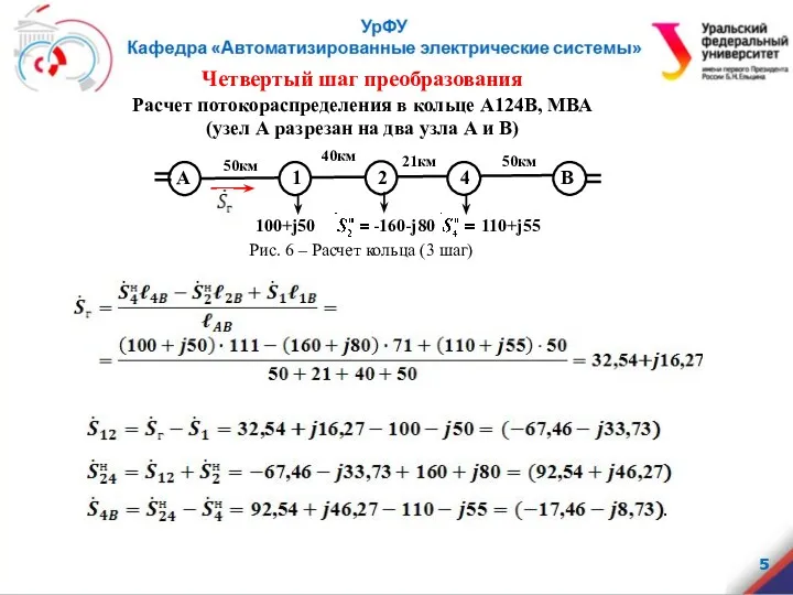 Четвертый шаг преобразования Расчет потокораспределения в кольце А124В, МВА (узел