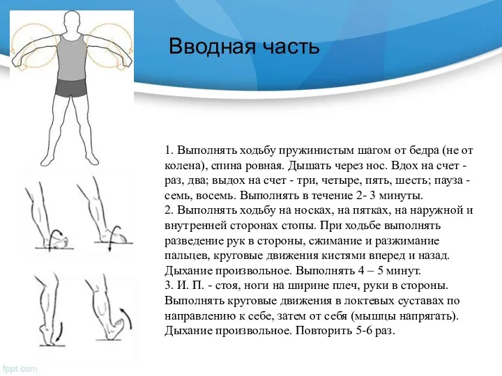 Вводная часть 1. Выполнять ходьбу пружинистым шагом от бедра (не