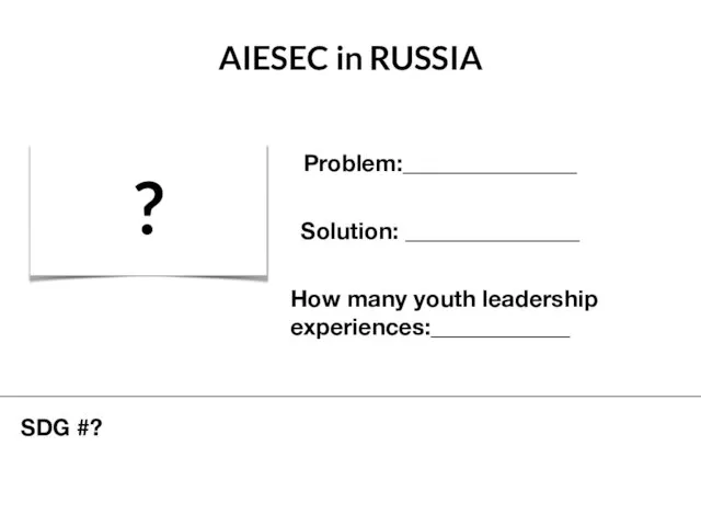 AIESEC in RUSSIA ? Problem:_______________ Solution: _______________ How many youth leadership experiences:____________ SDG #?