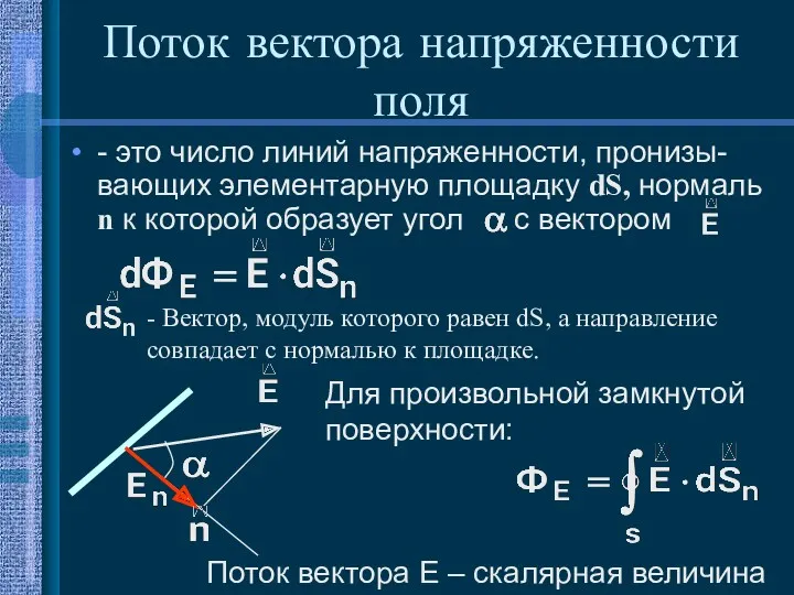 Поток вектора напряженности поля - это число линий напряженности, пронизы-вающих элементарную площадку dS,