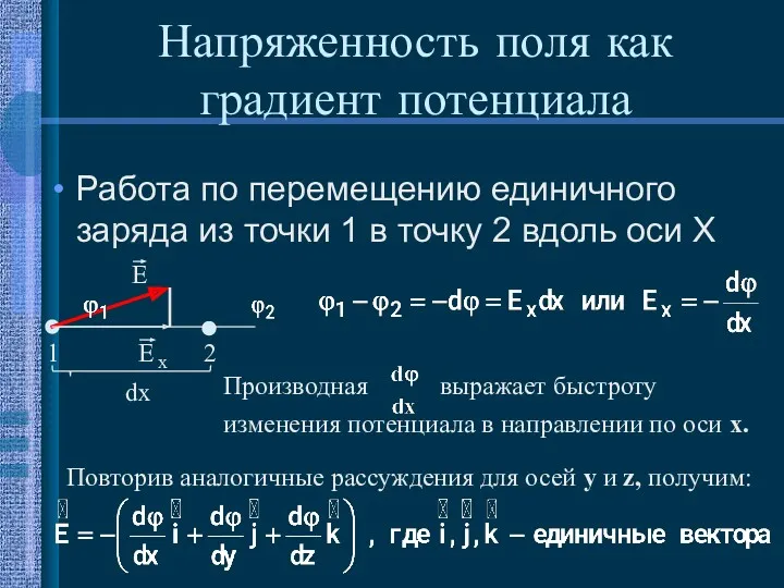 Напряженность поля как градиент потенциала Работа по перемещению единичного заряда