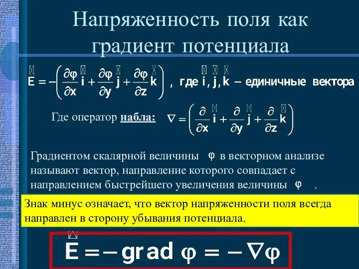 Напряженность поля как градиент потенциала Градиентом скалярной величины в векторном