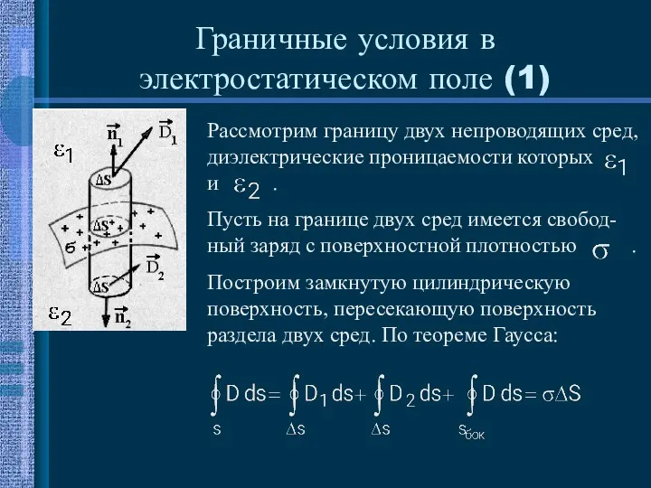 Граничные условия в электростатическом поле (1) Рассмотрим границу двух непроводящих