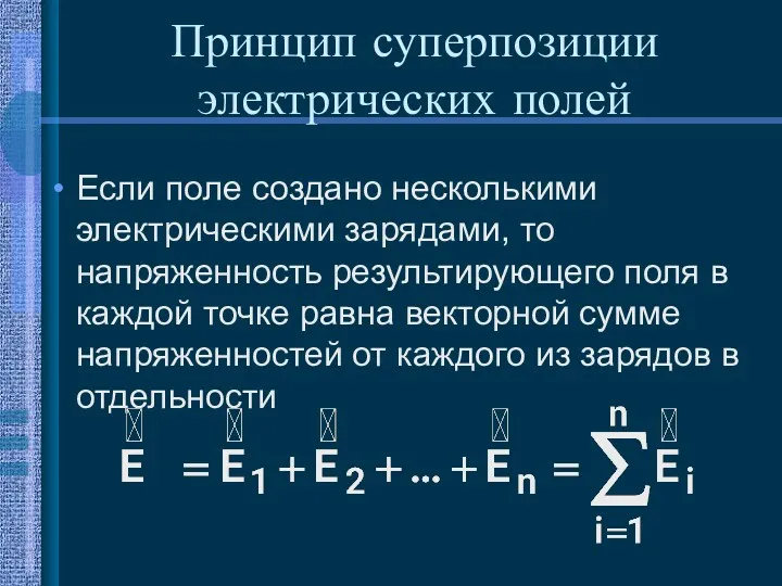 Принцип суперпозиции электрических полей Если поле создано несколькими электрическими зарядами,