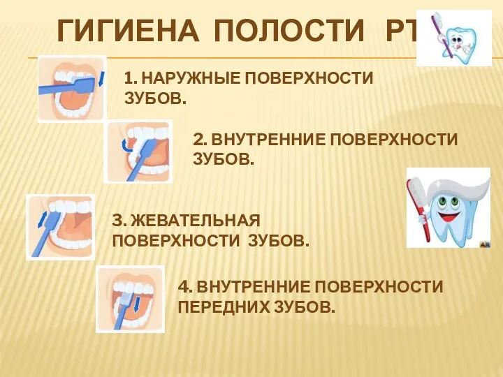 ГИГИЕНА ПОЛОСТИ РТА 1. НАРУЖНЫЕ ПОВЕРХНОСТИ ЗУБОВ. 2. ВНУТРЕННИЕ ПОВЕРХНОСТИ