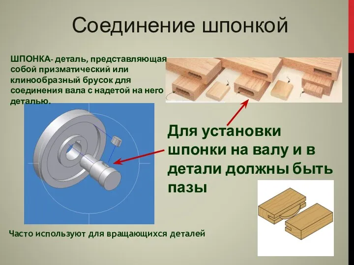 Соединение шпонкой ШПОНКА- деталь, представляющая собой призматический или клинообразный брусок