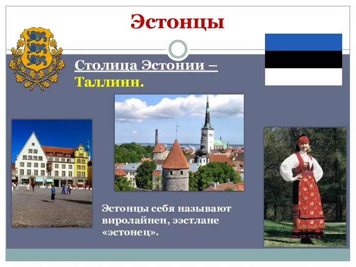 Эстонцы Столица Эстонии – Таллинн. Эстонцы себя называют виролайнен, ээстлане «эстонец».