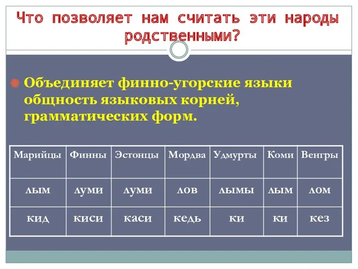 Что позволяет нам считать эти народы родственными? Объединяет финно-угорские языки общность языковых корней, грамматических форм.