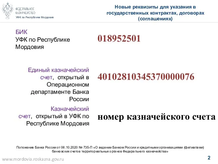 УФК по Республике Мордовия Новые реквизиты для указания в государственных
