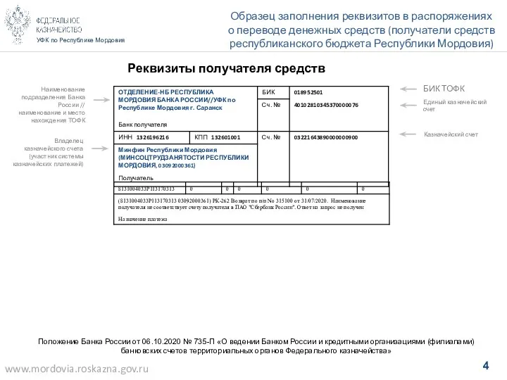 УФК по Республике Мордовия Образец заполнения реквизитов в распоряжениях о