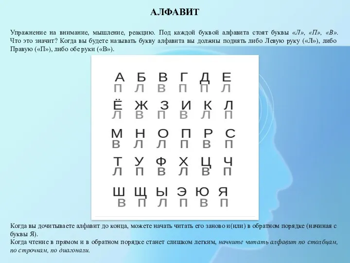 АЛФАВИТ Упражнение на внимание, мышление, реакцию. Под каждой буквой алфавита стоят буквы «Л»,