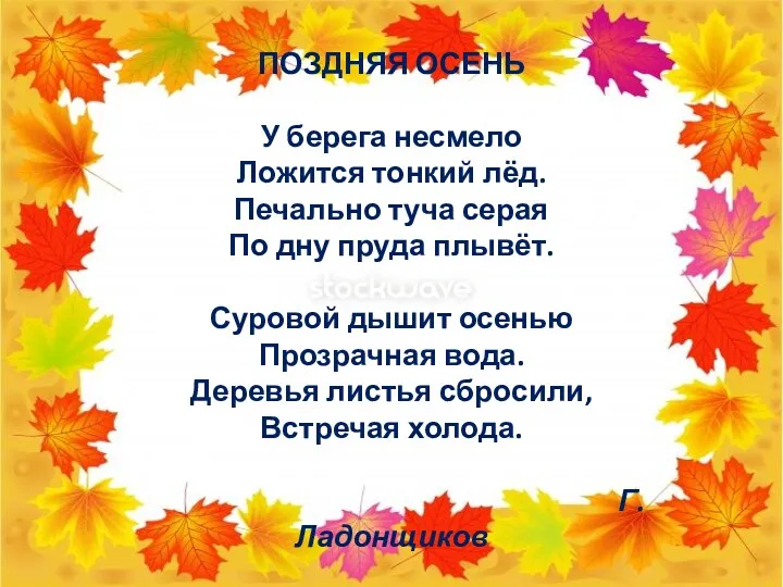 ПОЗДНЯЯ ОСЕНЬ У берега несмело Ложится тонкий лёд. Печально туча