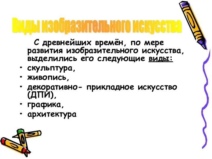 С древнейших времён, по мере развития изобразительного искусства, выделились его