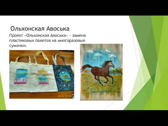 Ольхонская Авоська Проект «Ольхонская Авоська» - замена пластиковых пакетов на многоразовые сумочки.