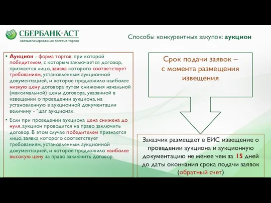 Способы конкурентных закупок: аукцион Аукцион - форма торгов, при которой