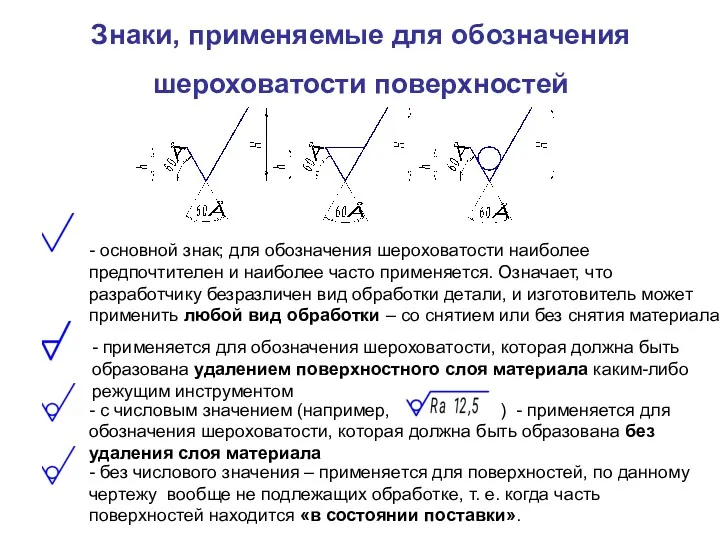 Знаки, применяемые для обозначения шероховатости поверхностей - основной знак; для