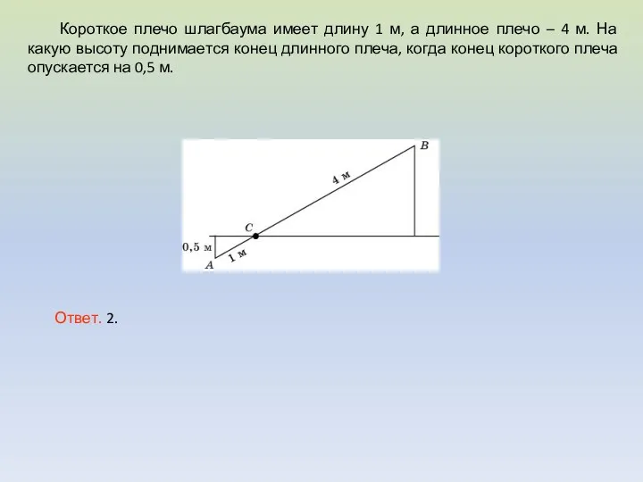 Короткое плечо шлагбаума имеет длину 1 м, а длинное плечо