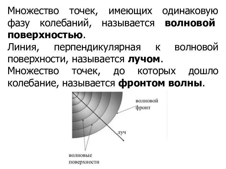 Множество точек, имеющих одинаковую фазу колебаний, называется волновой поверхностью. Линия,