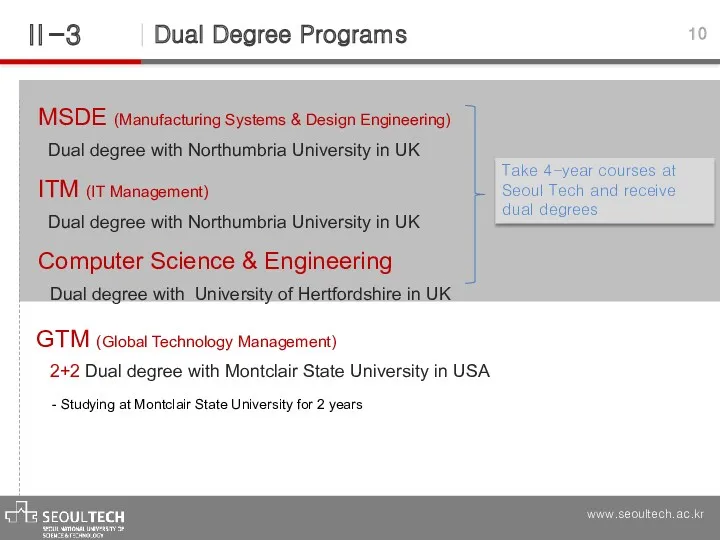 Dual Degree Programs Ⅱ -3 10 MSDE (Manufacturing Systems & Design Engineering) Dual