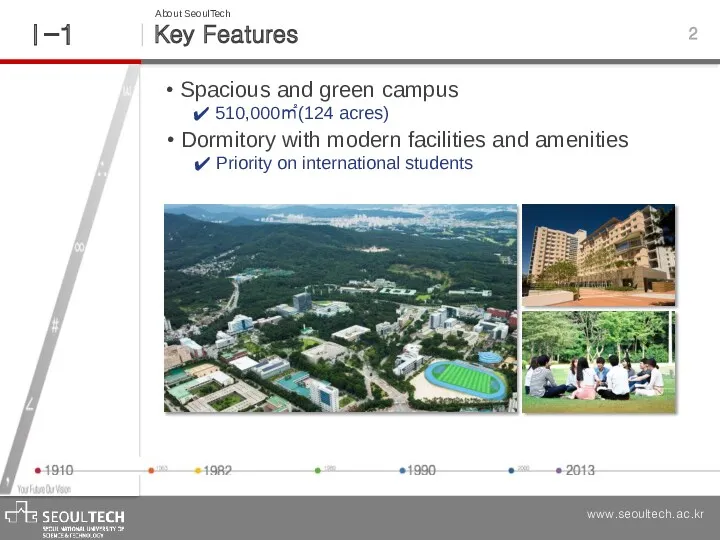 Key Features Ⅰ -1 2 About SeoulTech Spacious and green campus 510,000㎡(124 acres)