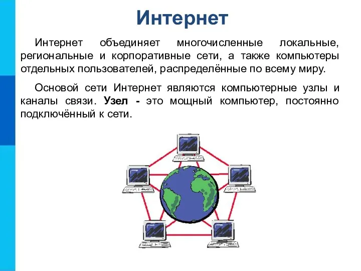 Интернет Интернет объединяет многочисленные локальные, региональные и корпоративные сети, а