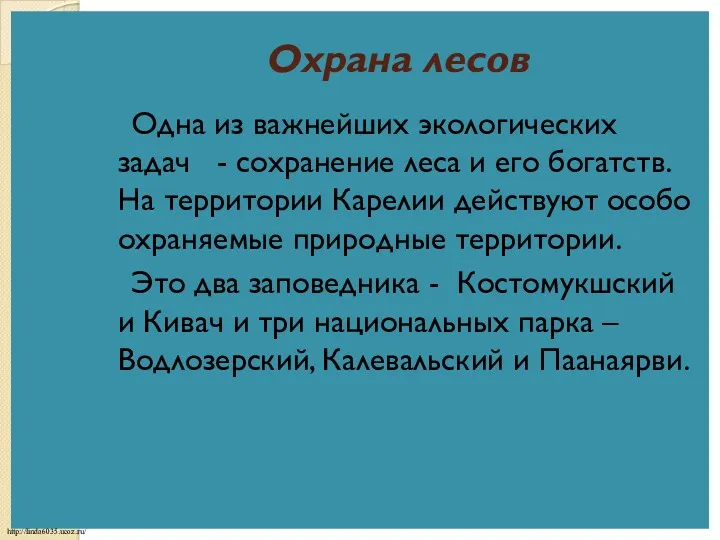 Охрана лесов Одна из важнейших экологических задач - сохранение леса и его богатств.