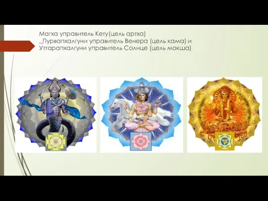 Магха управитель Кету(цель артха) , Пурвапхалгуни управитель Венера (цель кама) и Уттарапхалгуни управитель Солнце (цель мокша)
