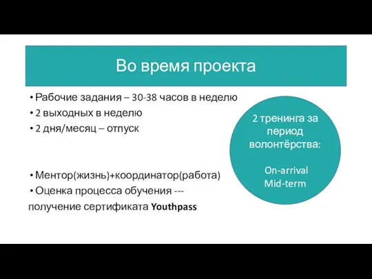 Во время проекта Рабочие задания – 30-38 часов в неделю