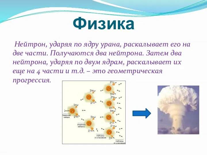 Физика Нейтрон, ударяя по ядру урана, раскалывает его на две