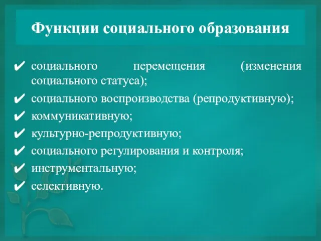 Функции социального образования социального перемещения (изменения социального статуса); социального воспроизводства (репродуктивную); коммуникативную; культурно-репродуктивную;