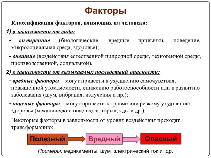 Факторы Классификация факторов, влияющих на человека: в зависимости от вида: